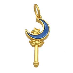Copper Pendant Star Moon Wand Blue Cloisonne 18K Gold Plated, approx 11-15mm