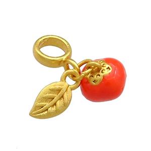 Copper Tomato Charms Pendant Leaf Red Enamel 18K Gold Plated, approx 7mm, 6mm