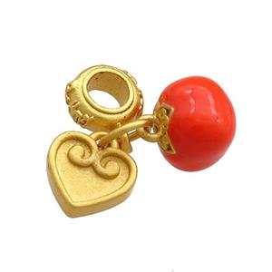 Copper Tomato Charms Pendant Heart Red Enamel 18K Gold Plated, approx 8mm