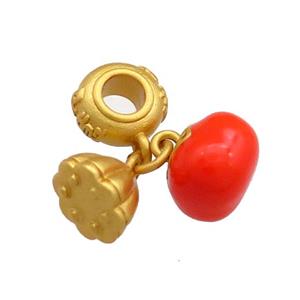 Copper Tomato Charms Pendant Lotus Red Enamel 18K Gold Plated, approx 8mm