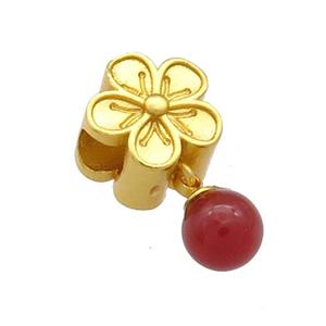 Copper Flower Beads With Green Red Jade 18K Gold Plated, approx 6mm,10mm, 4mm hole