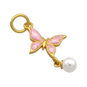 Copper Butterfly Pendant Pave White Pearlized Resin Pink Cloisonne 18K Gold Plated, approx 14mm, 6mm