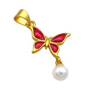 Copper Butterfly Pendant Pave White Pearlized Resin Red Cloisonne 18K Gold Plated, approx 14mm, 6mm