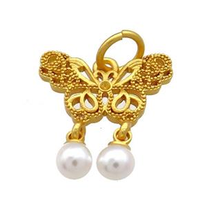 Copper Butterfly Pendant Pave White Pearlized Resin 18K Gold Plated, approx 12-18mm, 5mm