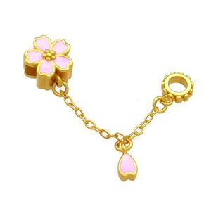 Copper Flower Pendant Pink Cloisonne 18K Gold Plated, approx 11mm, 4mm hole, 4x6mm, 35mm length