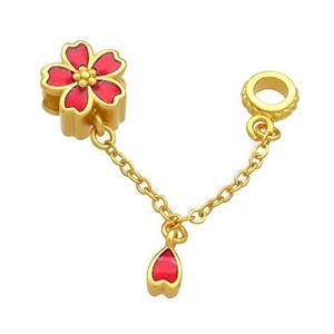 Copper Flower Pendant Red Cloisonne 18K Gold Plated, approx 11mm, 4mm hole, 4x6mm, 35mm length