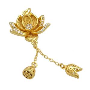 Copper Lotus Flower Pendant Pave Zircon Unfade 18K Gold Plated, approx 20-25mm, 7mm