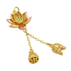 Copper Lotus Flower Pendant Pink Cloisonne Unfade 18K Gold Plated, approx 16-20mm, 7mm