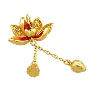 Copper Lotus Flower Pendant Red Cloisonne Unfade 18K Gold Plated, approx 16-25mm, 7mm