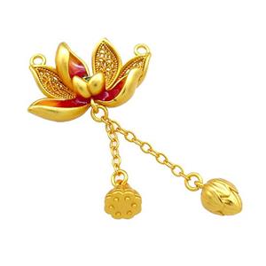 Copper Lotus Flower Pendant Red Cloisonne 2loops Unfade 18K Gold Plated, approx 16-25mm, 7mm