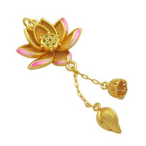 Copper Lotus Flower Pendant Pink Cloisonne Unfade 18K Gold Plated, approx 22-27mm, 8-11mm