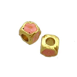 Copper Cube Beads Pink Enamel Large Hole Gold Plated, approx 5.5mm, 3mm hole