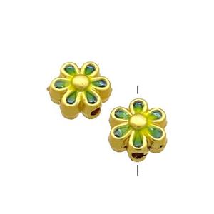 Copper Flower Beads Green Painted Gold Plated, approx 7mm
