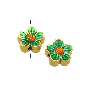 Copper Flower Beads Green Painted Gold Plated, approx 8mm