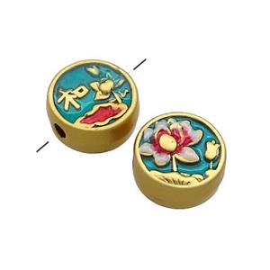 Copper Coin Beads Multicolor Painted Flower Gold Plated, approx 11mm
