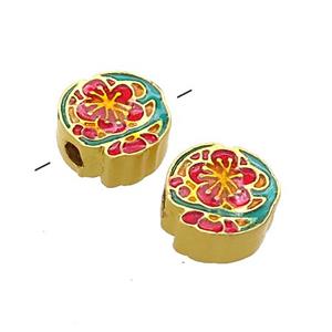 Copper Flower Beads Multicolor Painted Gold Plated, approx 11mm
