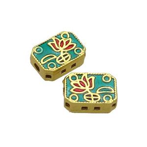 Copper Rectangle Beads Flower Green Painted Gold Plated, approx 8-11mm