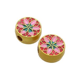 Copper Coin Beads Flower Multicolor Painted Gold Plated, approx 9.5mm