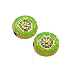 Copper Coin Beads Flower Green Painted Gold Plated, approx 11.5mm