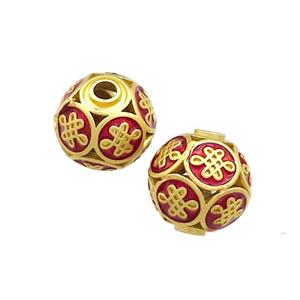 Copper Round Beads Red Painted Knot Gold Plated, approx 10mm