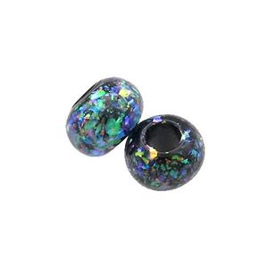 Black Resin Rondelle Beads Pave Rainbow Fire Opal Large Hole Smooth, approx 6.5mm, 3mm hole