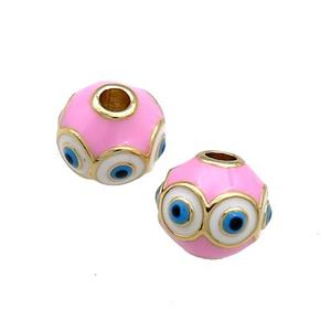 Copper Round Beads Pink Enamel Evil Eye 18K Gold Plated, approx 10mm