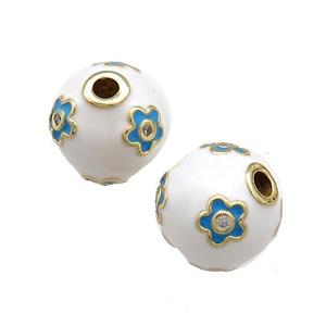 Copper Round Beads Pave Zircon White Enamel 18K Gold Plated, approx 13-14mm