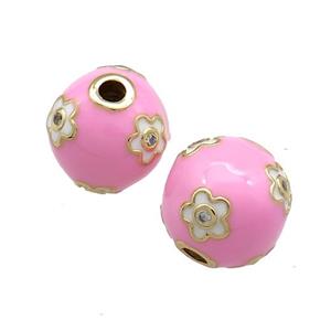 Copper Round Beads Pave Zircon Pink Enamel 18K Gold Plated, approx 13-14mm