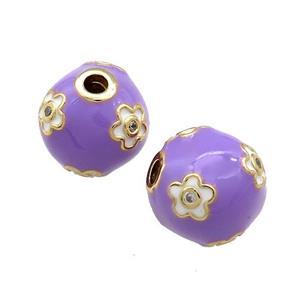 Copper Round Beads Pave Zircon Purple Enamel 18K Gold Plated, approx 13-14mm
