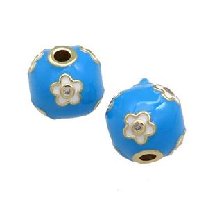 Copper Round Beads Pave Zircon Blue Enamel 18K Gold Plated, approx 13-14mm