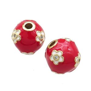 Copper Round Beads Pave Zircon Red Enamel 18K Gold Plated, approx 13-14mm