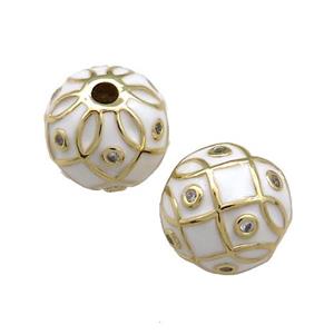Copper Round Beads Pave Zircon White Enamel 18K Gold Plated, approx 14mm
