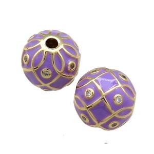 Copper Round Beads Pave Zircon Purple Enamel 18K Gold Plated, approx 14mm