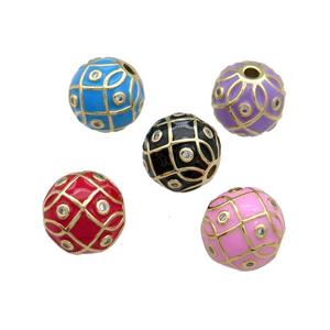 Copper Round Beads Pave Zircon Enamel 18K Gold Plated Mixed Color, approx 14mm