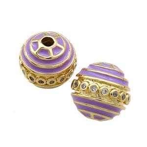 Copper Round Beads Pave Zircon Purple Enamel 18K Gold Plated, approx 14mm