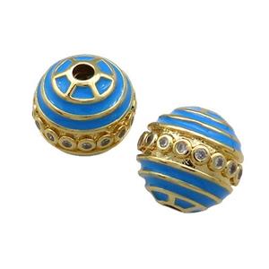 Copper Round Beads Pave Zircon Blue Enamel 18K Gold Plated, approx 14mm