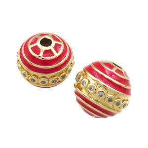 Copper Round Beads Pave Zircon Red Enamel 18K Gold Plated, approx 14mm