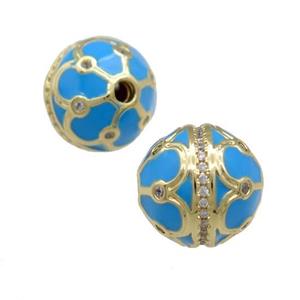 Copper Round Beads Pave Zircon Blue Enamel 18K Gold Plated, approx 14mm