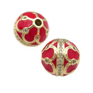 Copper Round Beads Pave Zircon Red Enamel 18K Gold Plated, approx 14mm