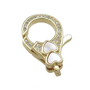 Copper Lobster Clasp Pave Shell Zircon Heart 18K Gold Plated, approx 15-22mm