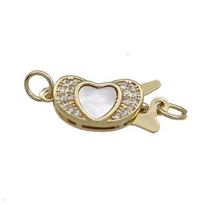 Copper Slider Clasp Pave Shell Zircon Heart 18K Gold Plated, approx 8-20mm