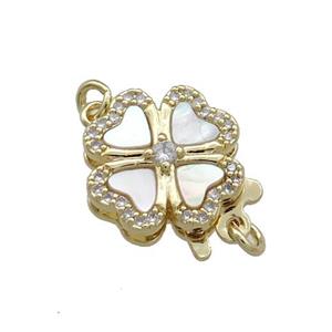 Copper Slide Clasp Pave Shell Zircon Clover 18K Gold Plated, approx 13mm