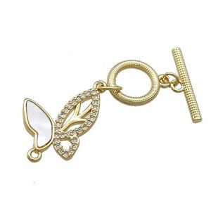 Copper Toggle Clasp Pave Shell Zircon Butterfly 18K Gold Plated, approx 11mm, 17mm, 15-16mm