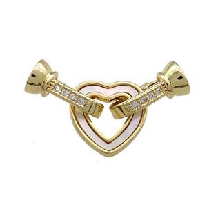 Copper Clasp Pave Shell Zircon Heart 18K Gold, approx 13mm, 6-14mm