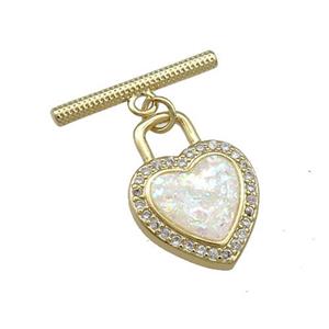 Copper Toggle Clasp Pave White Fire Opal Zircon Heart 18K Gold, approx 12-17mm, 17mm