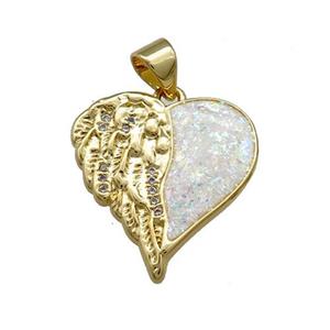 Copper Heart Pendant Pave Fire Opal Zircon Angel Wings 18K Gold, approx 18-20mm