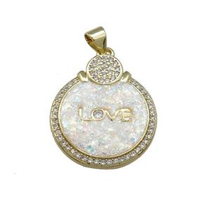 Copper Circle Pendant Pave Fire Opal Zircon LOVE 18K Gold Plated, approx 20mm