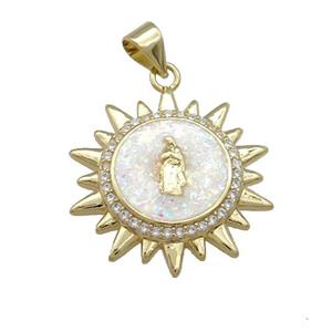 Copper Sun Charms Pendant Pave Fire Opal Zircon Jesus 18K Gold Plated, approx 22mm