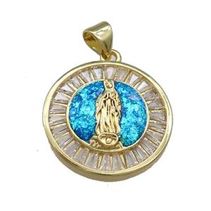 Copper Circle Pendant Pave Fire Opal Zircon Jesus 18K Gold Plated, approx 20mm