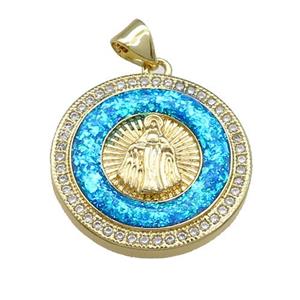 Copper Circle Pendant Pave Fire Opal Zircon Virgin Mary 18K Gold, approx 22mm
